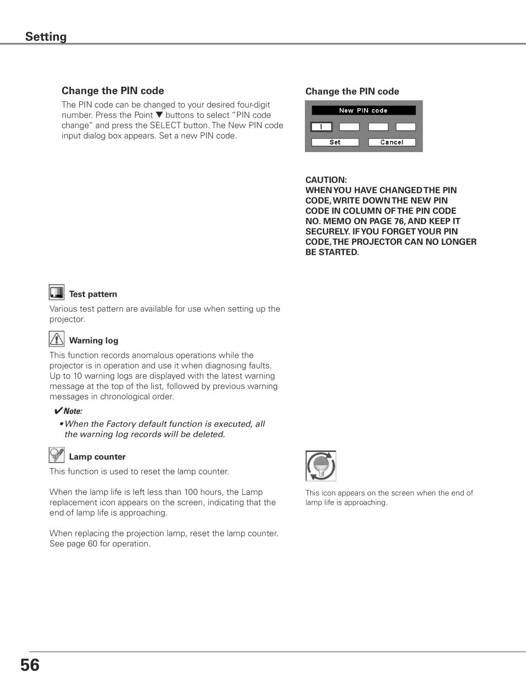 Eiki LC-XG400L owner manual Change the PIN code, Change the PIN code, Test pattern, Lamp counter 